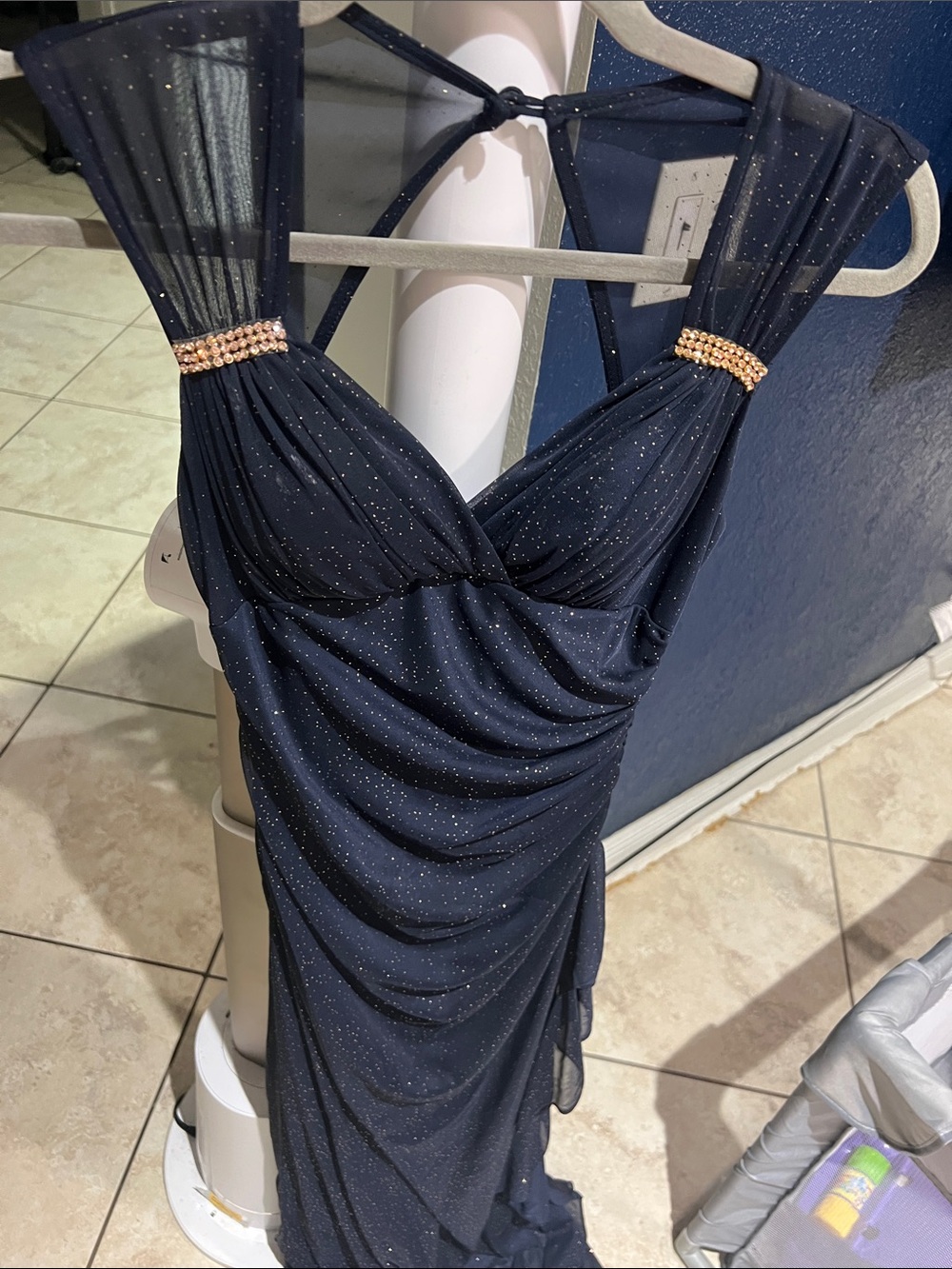 Navy long Gold Sparkle Prom Gown with Gold-Beaded Straps Beautiful